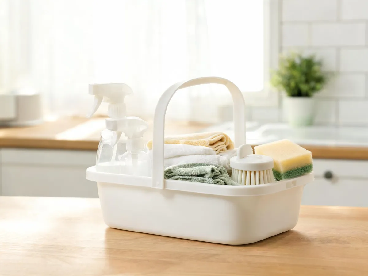 A white cleaning caddy holding plain spray bottles, microfiber cloths, a scrub brush and a sponge on a kitchen counter.