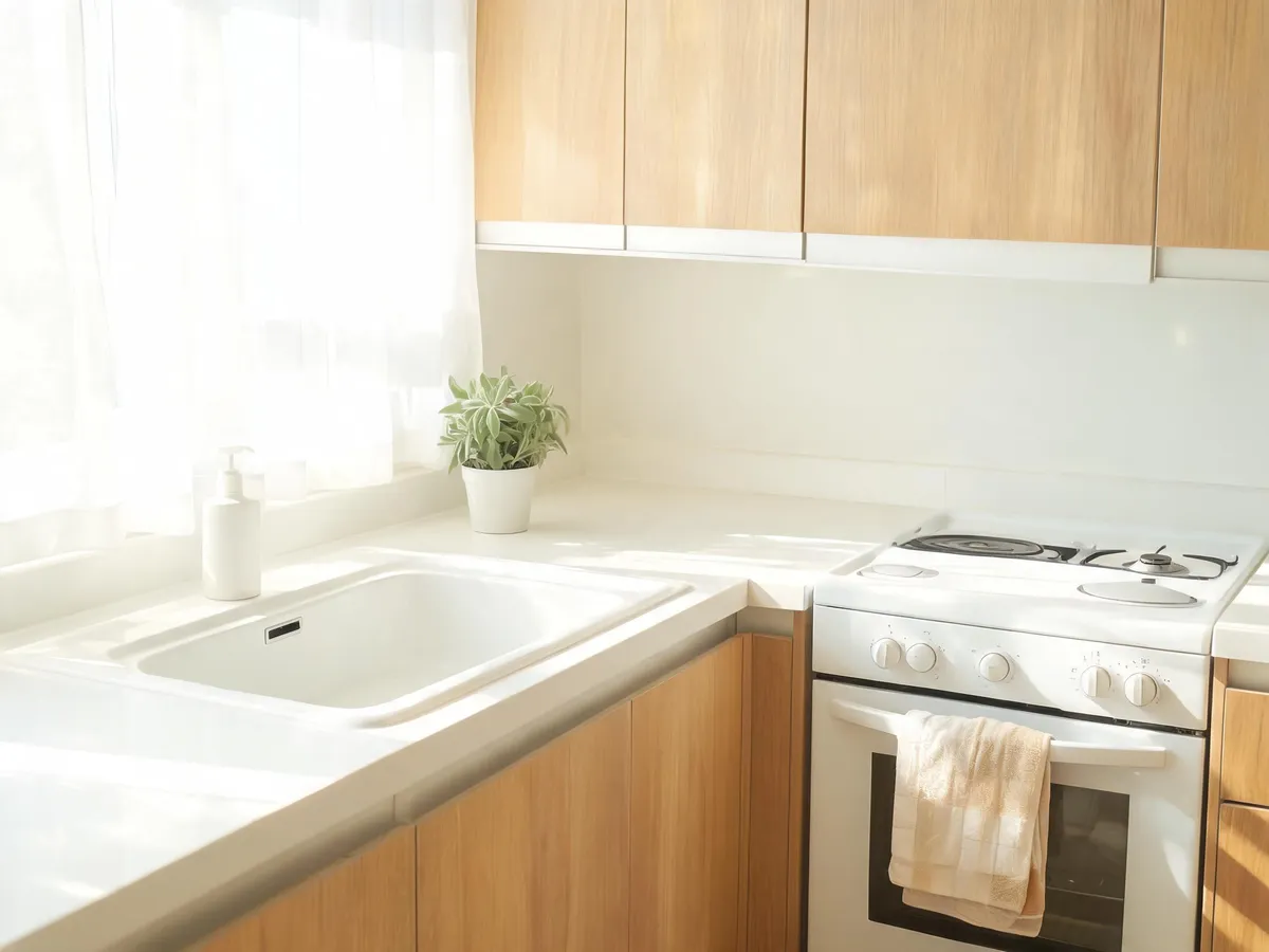 A tidy kitchen with clear, wiped counters and an empty sink after an evening reset.