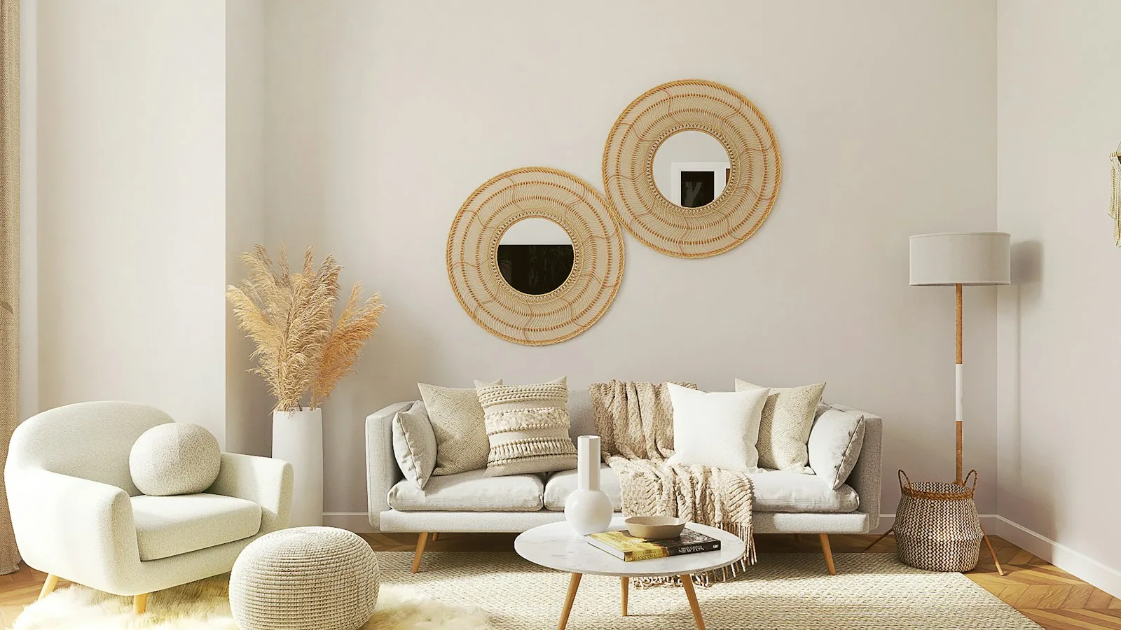A bright, tidy living room with a light sofa, a round mirror and plants in morning light.